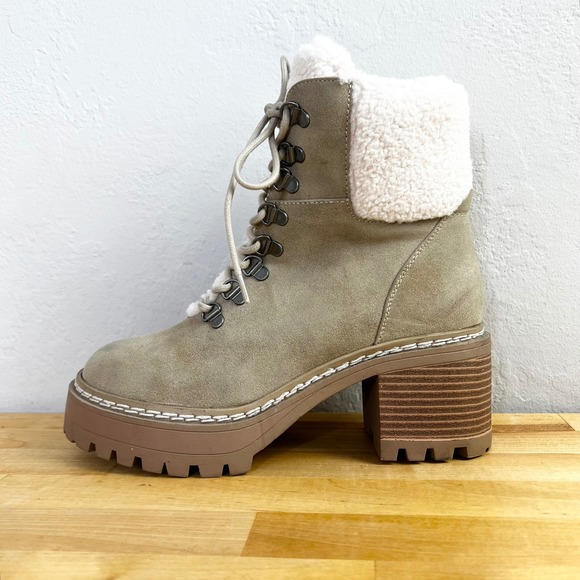 MIA Boots Sherpa Trim Lace Up Ankle Booties Heeled Tan Taupe Size 6.5 - Picture 1 of 13